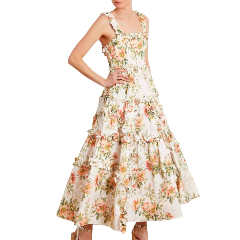 Needle & Thread Dancing Roses Ankle Gown Floral Tiered Cotton Ivory US 4 UK 8